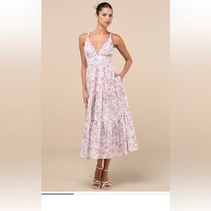 Lulus Brightly Blossoming Pink Multi Floral Tiered Midi Dress